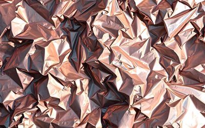 bronze crumpled foil, 4k, macro, metal backgrounds, bronze foil, crumpled foil textures, crumpled foil, bronze foil backgrounds, foil textures, foil