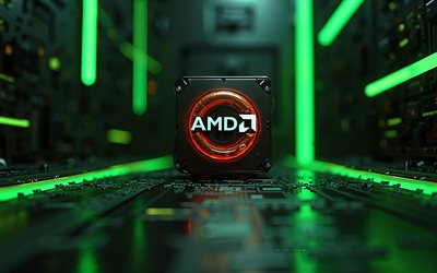 logo amd, fond vert de haute technologie, signe amd, processeurs amd, logo amd 3d, voyant néon vert, dmla