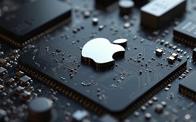 apple 3dロゴ, 4k, 黒いマザーボード, アップルスチールロゴ, マイクロサーキット, apple sign, apple emblem, アップルロゴ, クリエイティブアート, りんご
