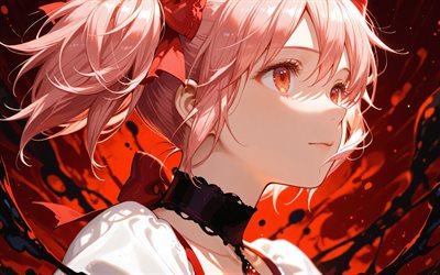 4k, madoka kaname, karanlık, kırmızı soyut arka plan, puella magi, kahraman, kızıl saçlı, mahou shoujo madoka magica, manga, kaname madoka, sanat eseri, madoka kaname puella magi
