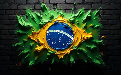 4k, Brazil flag, creative, black brickwall, paint art, Brazilian flag, paint splashes, flag of Brazil, artwork, South America, Brazilian national symbols, Brazil 3D flag, Brazil