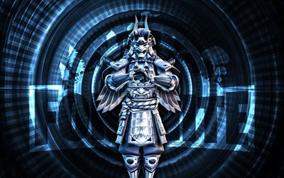 shogun fortnite corrompido, 4k, fundo em espiral azul, fortnite, criativo, pele shogun corrompida, fortnite corrompida shogun skin, shogun corrompido, personagens fortnite
