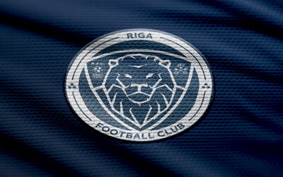 logo en tissu riga fc, 4k, fond de tissu bleu, virsliga, bokeh, football, logo riga fc, riga fc emblem, riga fc, club de football letton, fc riga