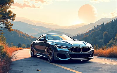 4k, bmw m8, sonnenuntergang, abstrakte landschaften, gebirge, retro  kunst, straße, abstrakte autos, bmw m8 art, deutsche autos, bmw