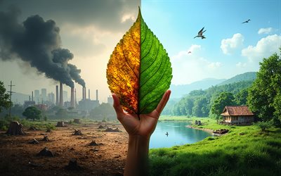 environmental damage, 4k, eco concept, contrast between environmental degradation and sustainability, leaf divides ecology, harmful emissions into the atmosphere, carbon dioxide, environment