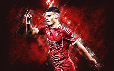 milos kerkez, liverpool fc, ungerska fotbollsspelare, röd stenbakgrund, grunge konst, liverpool, premier league, engelska, fotboll, milos kerkez liverpool