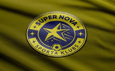 sk super nova fabric logo, 4k, contexte de tissu jaune, virsliga, bokeh, football, sk super nova logo, sk super nova emblem, sk super nova, club de football letton, super nova fc