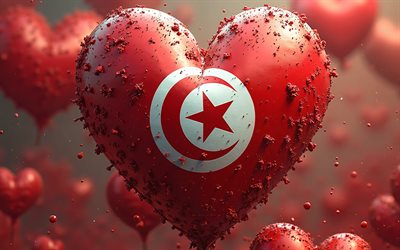 amo túnez, 4k, bokeh, fondo 3d rojo, arte 3d, creativo, día de túnez, bandera de túnez, corazón con bandera tunecina, corazones 3d, bandera tunecina, túnez, amor por túnez