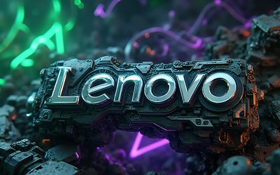 logotipo de lenovo, 4k, luces de neón verdes y moradas, lenovo 3d emblema, logotipo de lenovo 3d metal, signo de lenovo, lenovo, fondo tecnológico